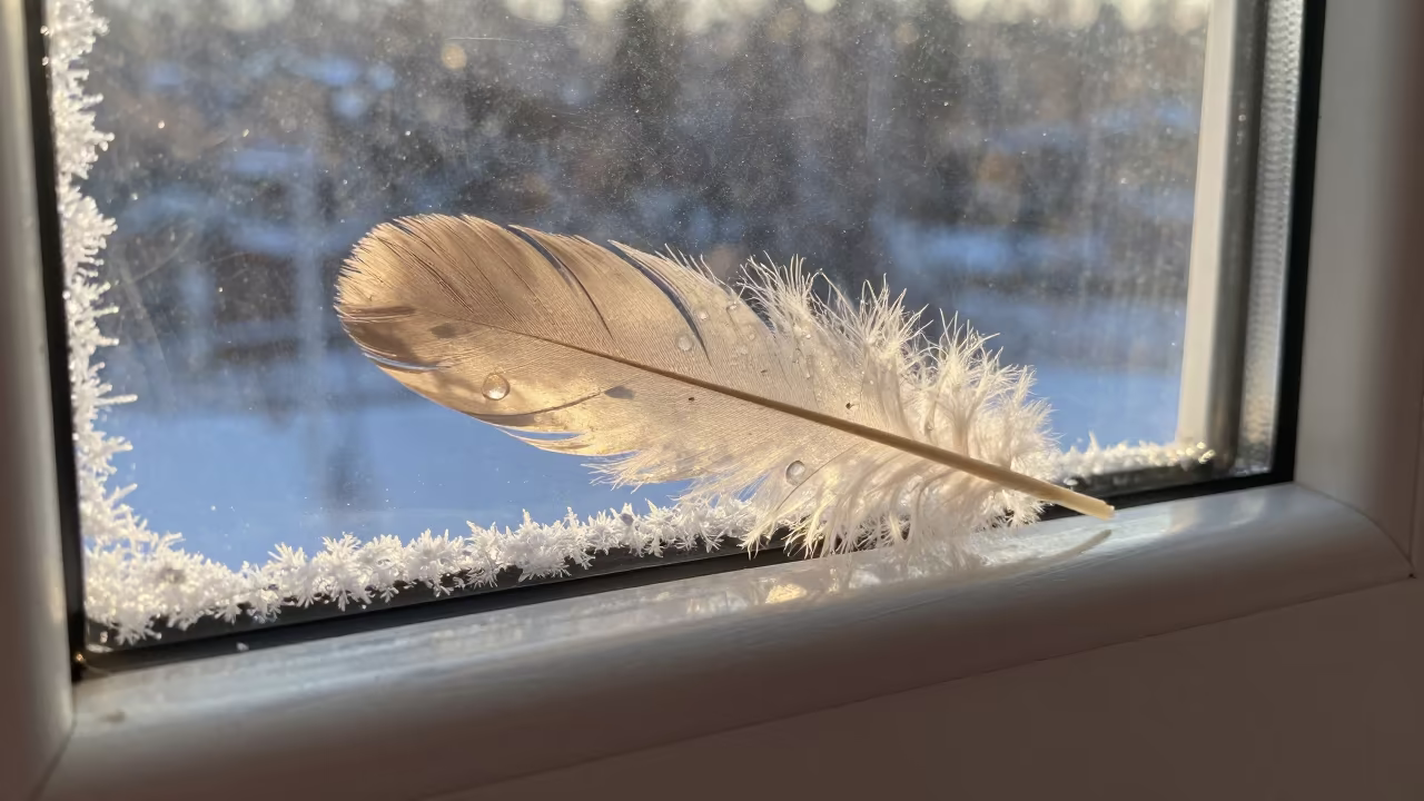 Frost and Feather Droplets in Late Afternoon Light in along a frost-edged windowpane near Osogbo