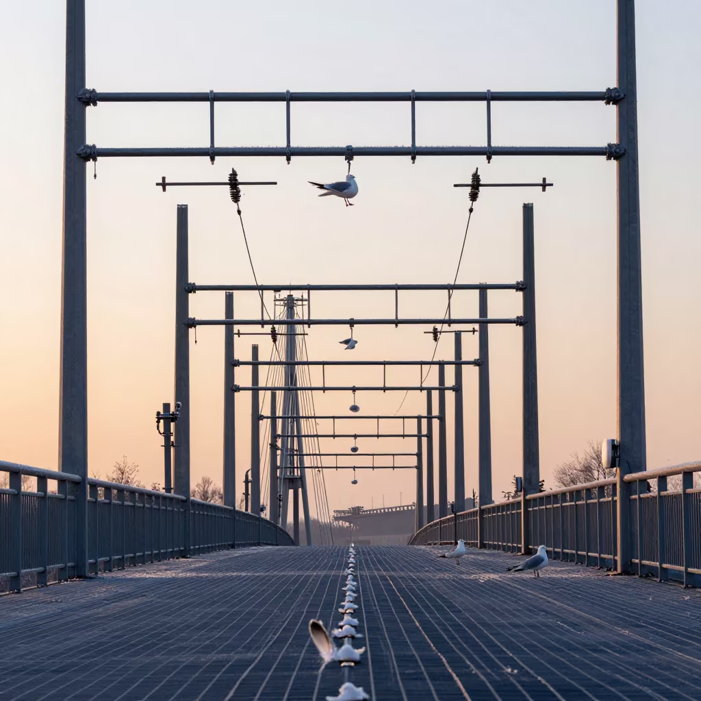 Frost and Feathers on Chinese Reservoir Catwalk in under a cable-stayed bridge span in China