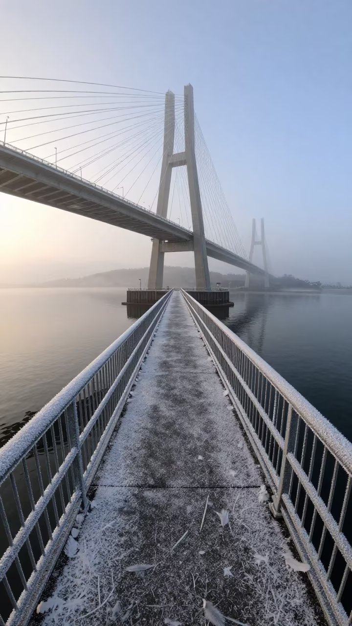 Frost and Feathers on Naha Reservoir Catwalk in under a cable-stayed bridge span in Naha