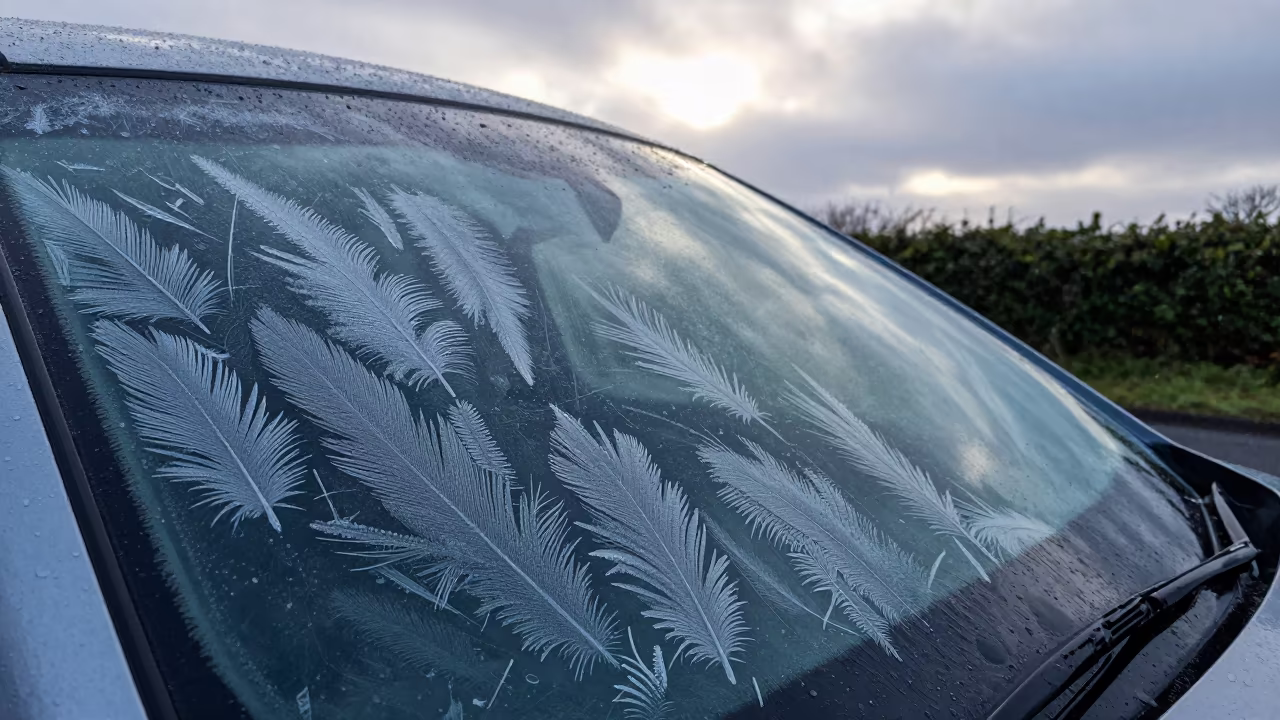Frost Feathers on UK Windshield After Rain in in United Kingdom