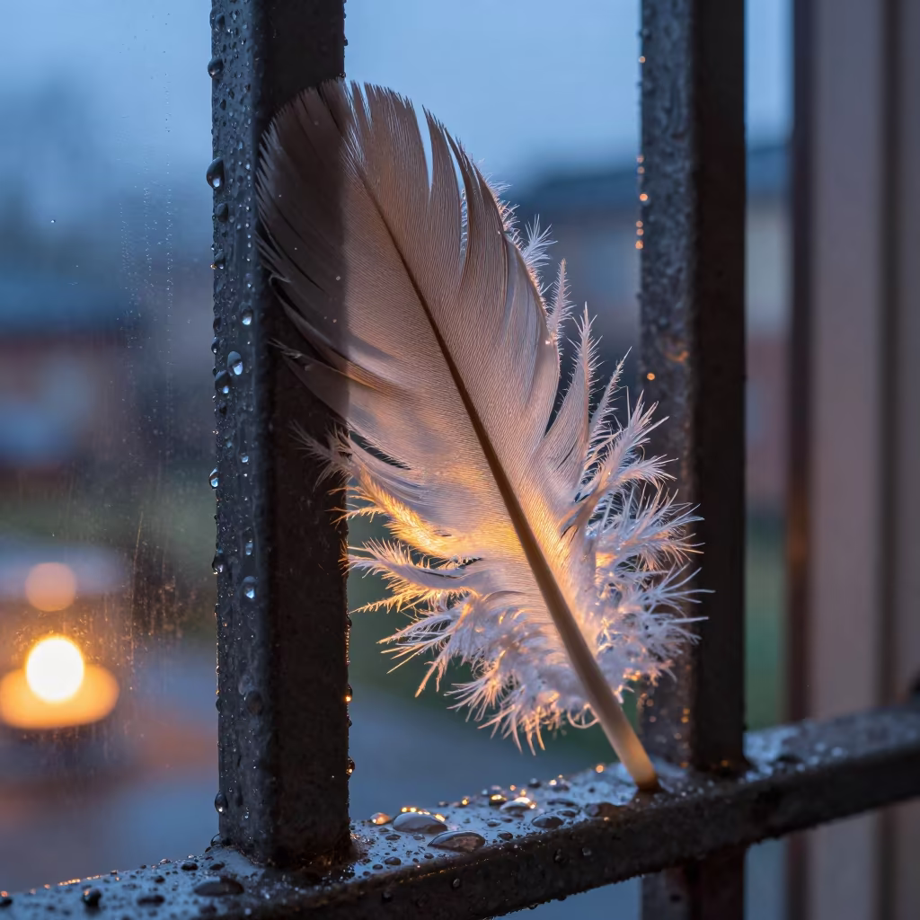 Frost Feathers on Wet Steel Gate in across a rain-beaded metal surface near Beed