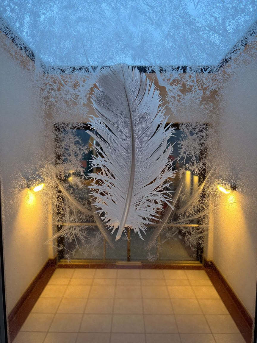 Frost Feathers on Window in Kumba Stair Hall in inside a tiled stair hall near Kumba
