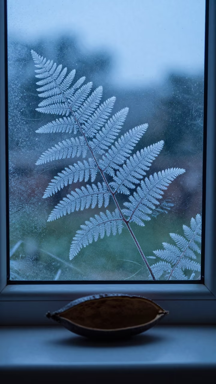 Frost Fern Fractals on Window in Ile Ife in inside a seed pod split open in Ile Ife
