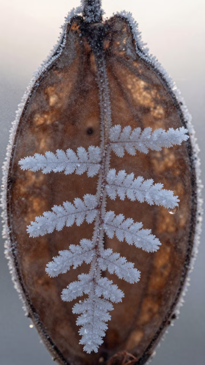 Frost Ferns on Cold Glass Guangzhou Morning in inside a seed pod split open in Guangzhou