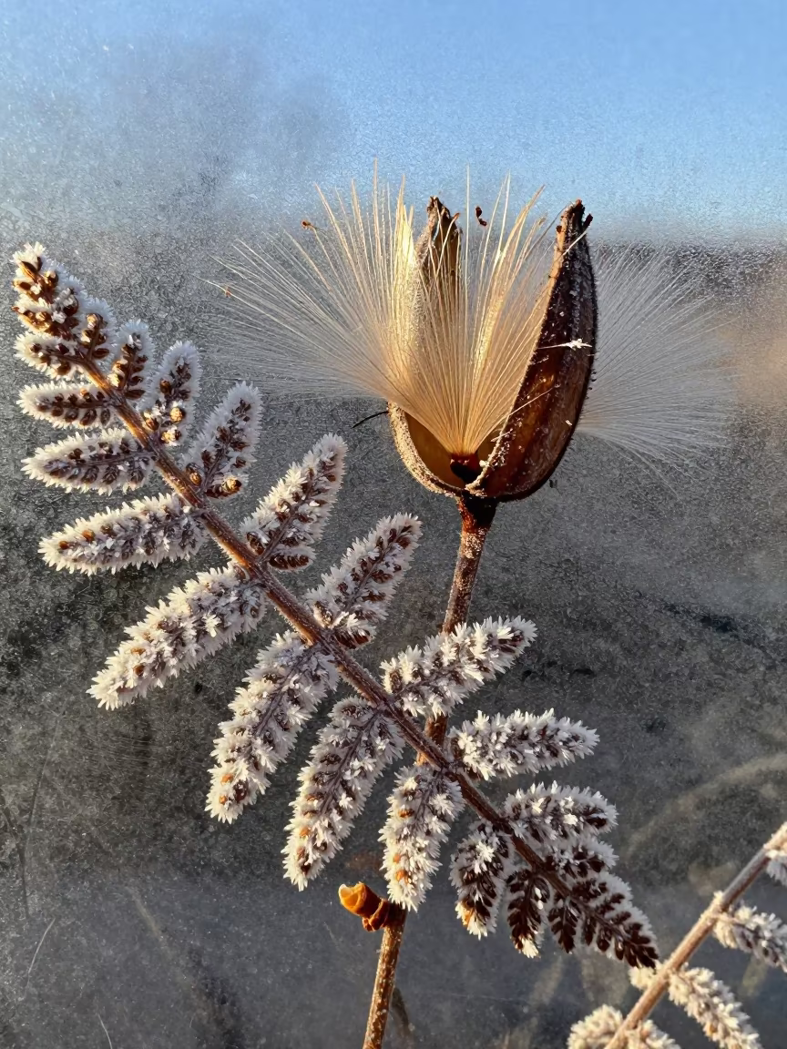 Frost Ferns on Glass Near Fez Window in inside a seed pod split open near Fez el-Jdid, Fez