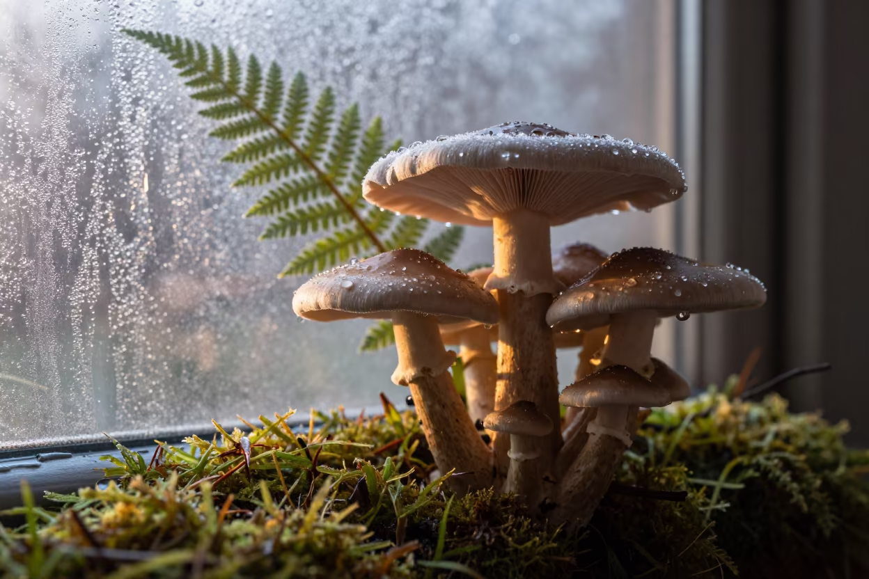 Frost Ferns on Window with Giant Umbrella Mushrooms in on dew-soaked moss in Bordj Bou Arreridj