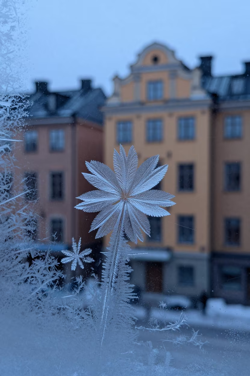 Frost Flower on Gamla Stan Window at Dawn in along a frost-edged windowpane in Gamla Stan, Stockholm