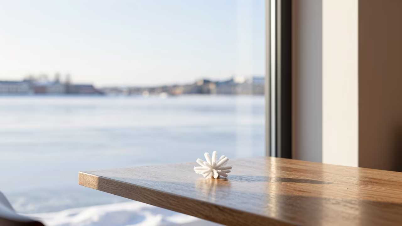 Frost Flower on Sea Ice at Stockholm Cafe in on a cafe table by a window in Djurgarden, Stockholm