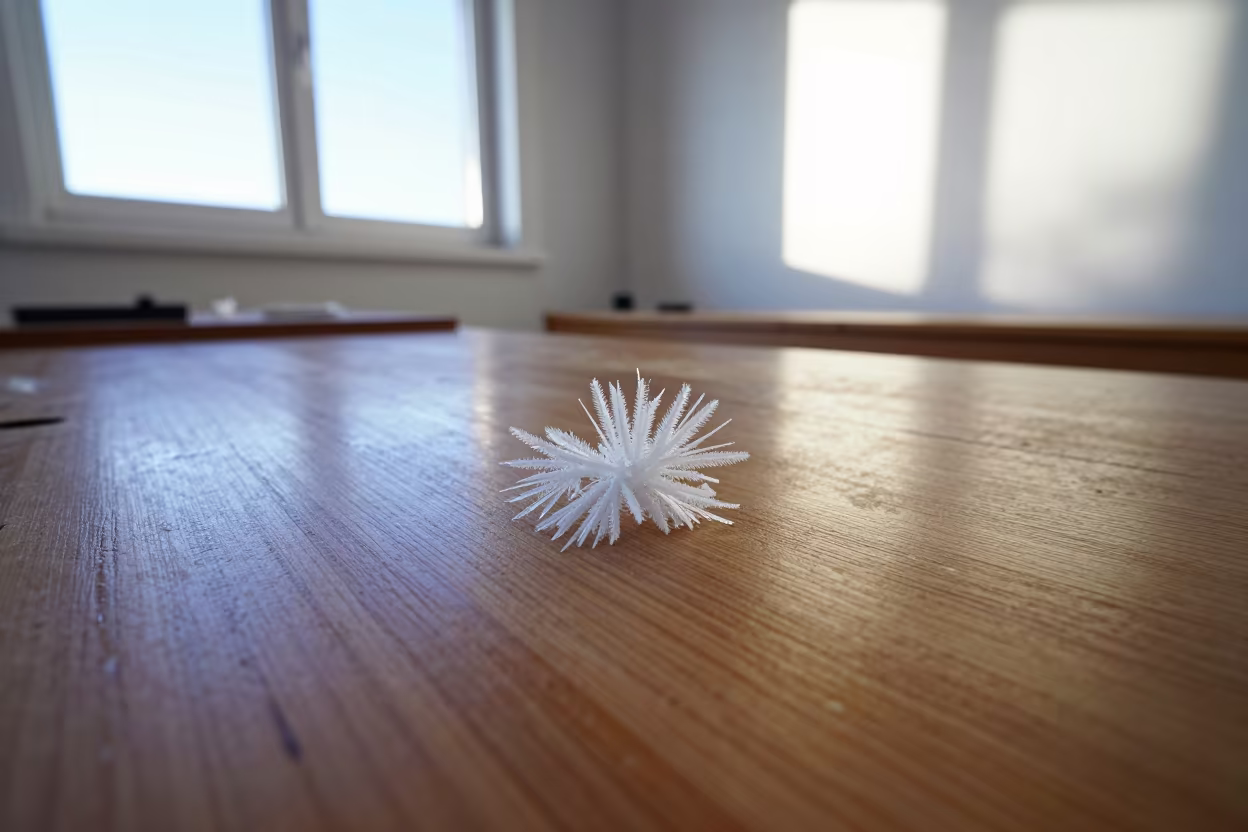 Frost Flower on Wooden Bench in Stockholm in on a wooden workbench near Kungsholmen, Stockholm