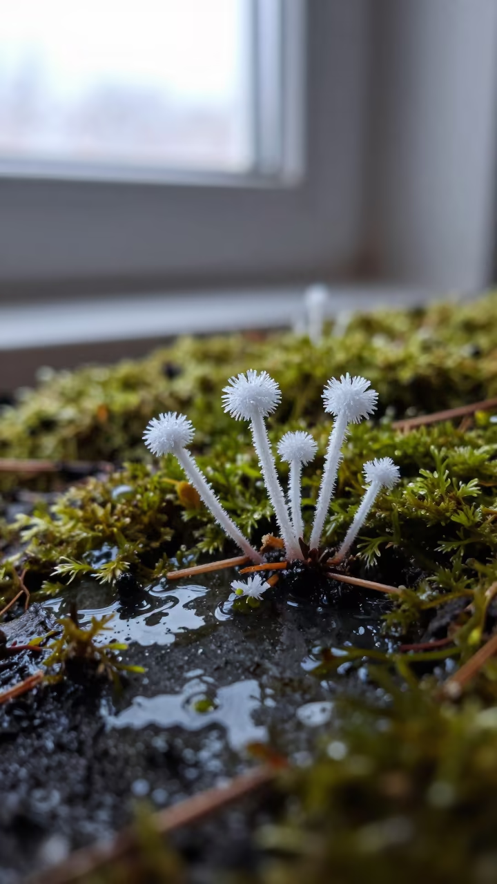 Frost Flowers Blooming on Dewy Moss in Oslo in on dew-soaked moss in Oslo