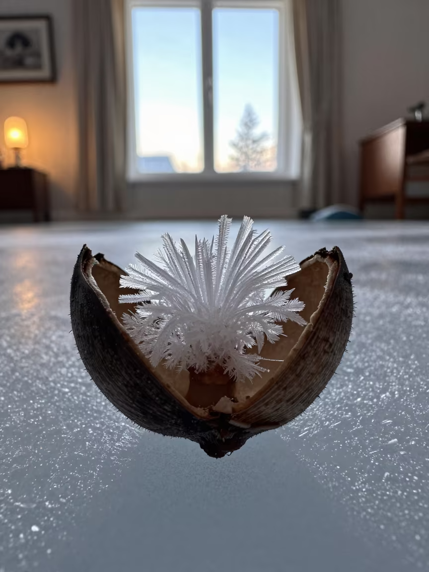 Frost Flowers on Sea Ice in Seed Pod in inside a seed pod split open in Rovaniemi
