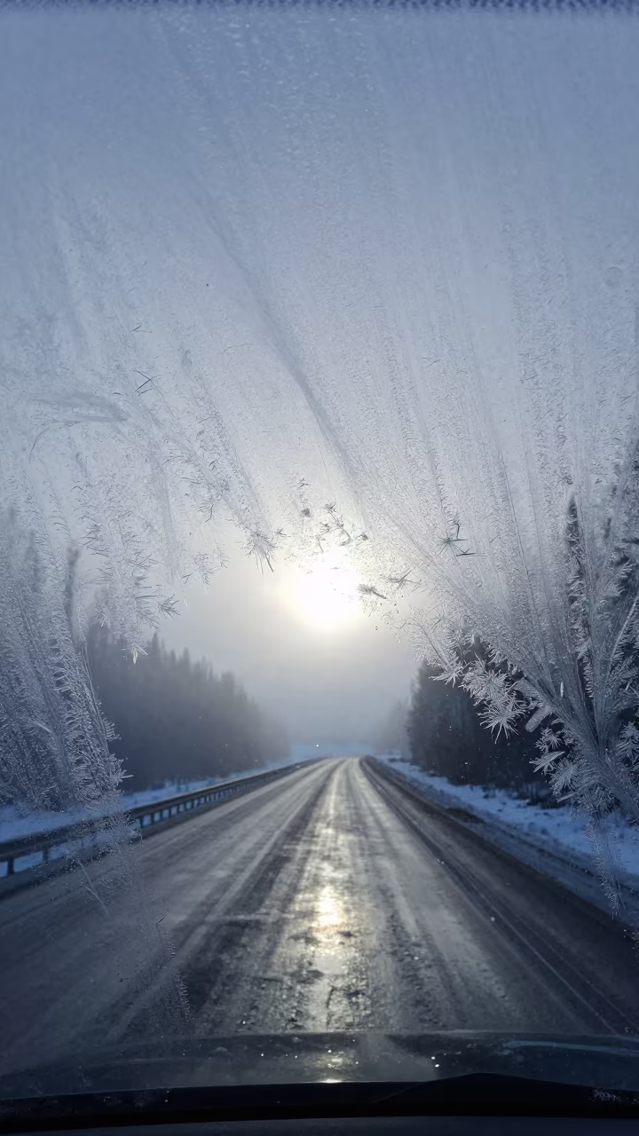 Frost Fractals on Car Window Dawn Whitehorse in on a wind-open causeway near Whitehorse