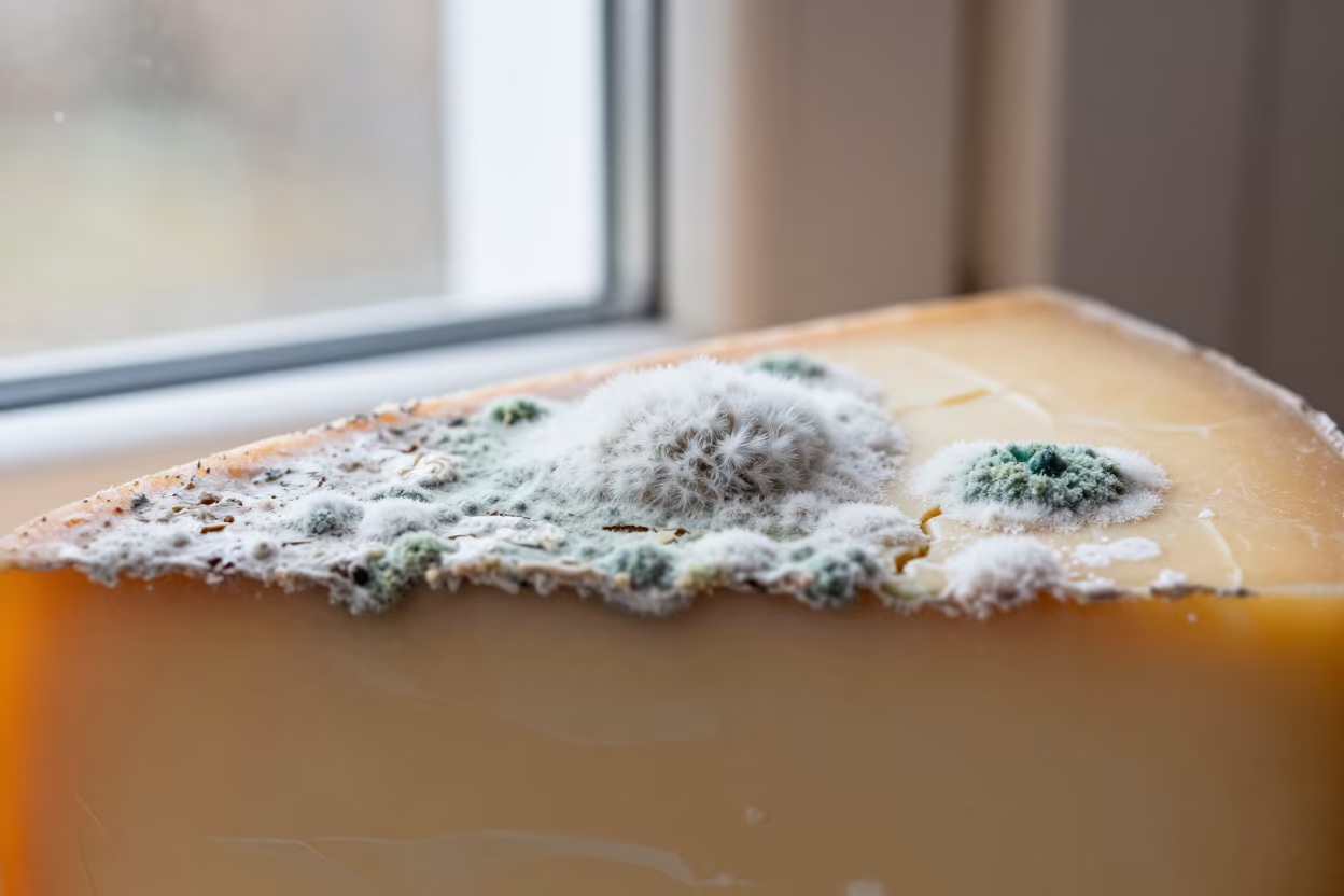 Frost and Fungus on Aged Cheese Near Window in along a frost-edged windowpane near Charallave