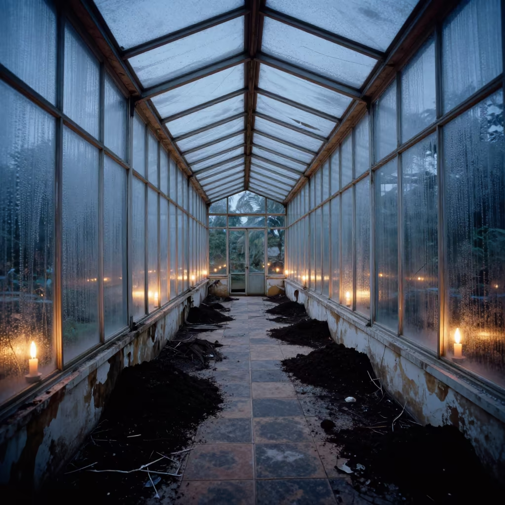 Frost on Glass in Maldives Ruined Greenhouse in inside a collapsed lobby under broken plaster in Maldives