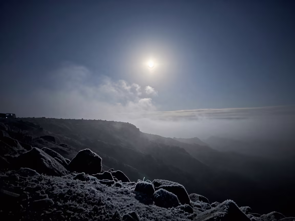 Frost Halo Moon Over Winter El Jadida Ridge in from a frost-hushed ridgeline near El Jadida