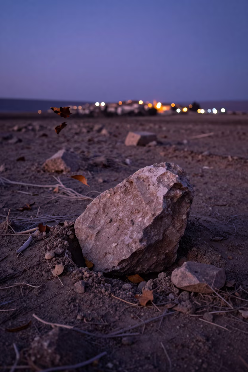 Frost Heave Stone in Algerian Twilight in across a storm-bright plain in Algeria