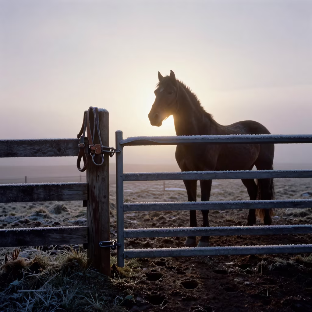 Frost on Icelandic Horse Gate at Twilight in along a feedlot lane in Iceland