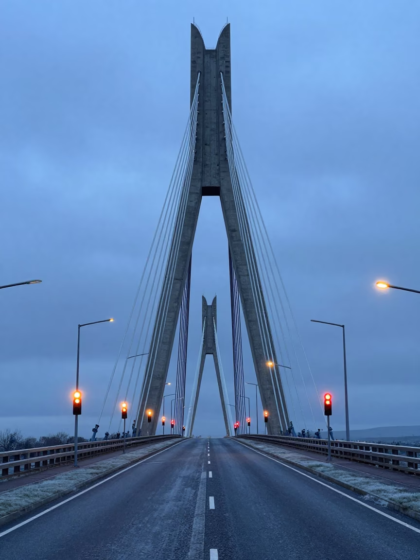 Frost Line Under Cable-Stayed Bridge at Twilight in under a cable-stayed bridge span in Ireland