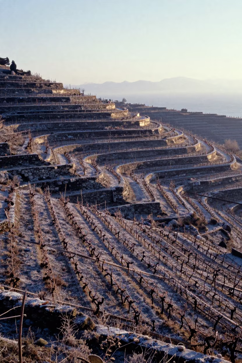 Frost Line Creeping Down Greek Vineyard Rows in among terraced rice paddies in Greece