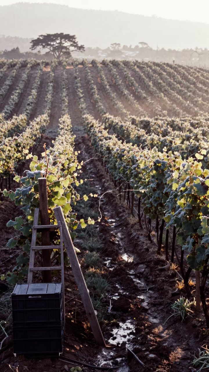 Frost Line Creeping Down Vineyard Rows at Dawn in among orchard ladders and crates in Tanzania