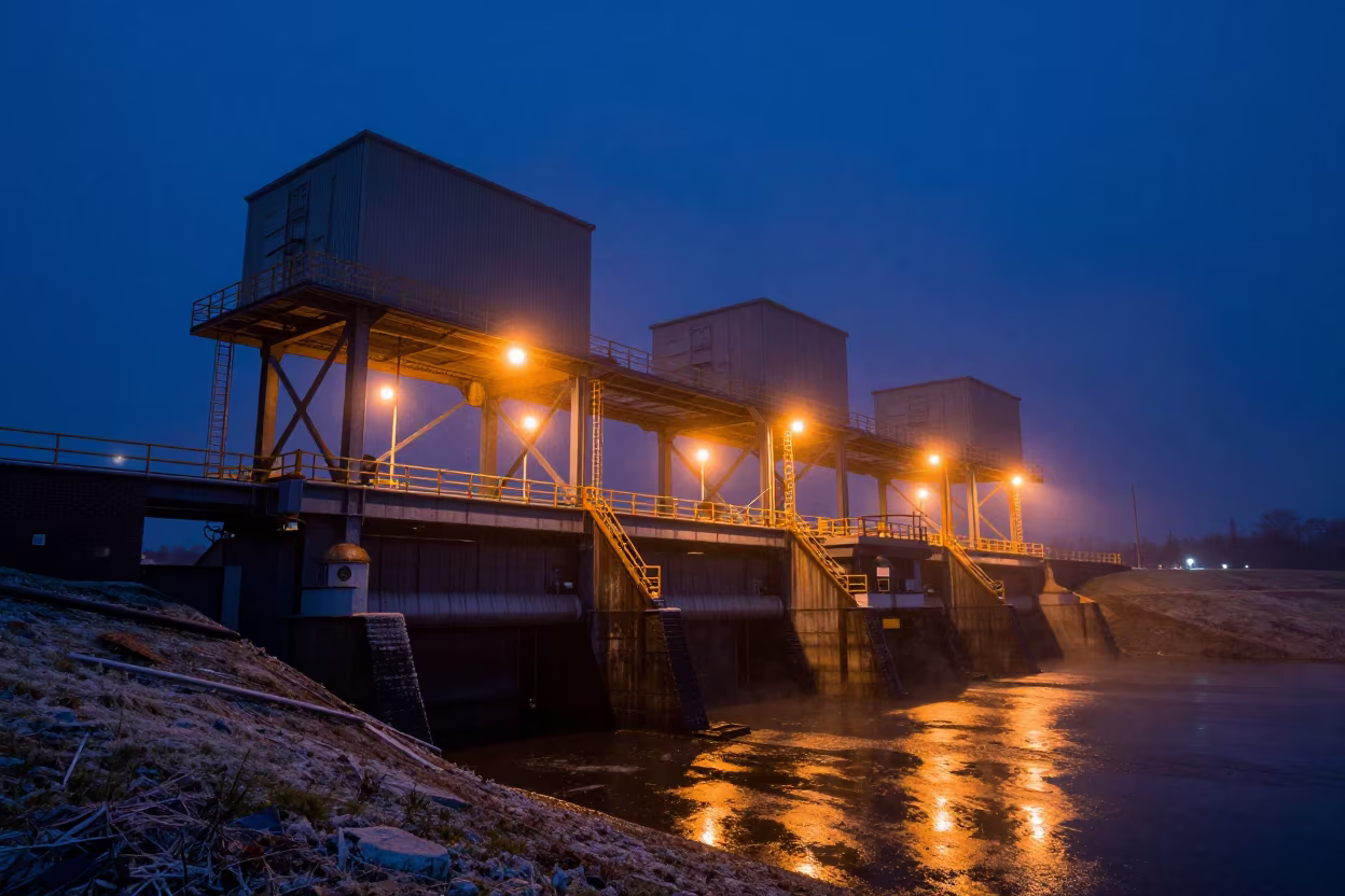 Frost Line Intake Reservoir Night Sodium Light in beside a water tower ladder in Ikere