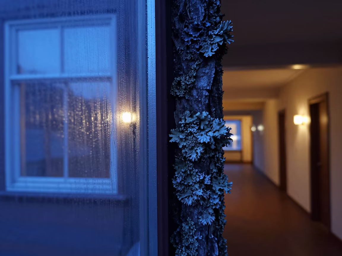 Frost melting on lichen bark indoors surreal in on lichen-covered bark in Reno