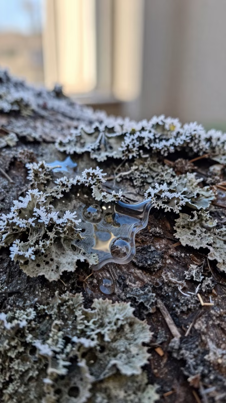 Frost Melting on Lichen Bark in Morning Light in on lichen-covered bark in San Juan