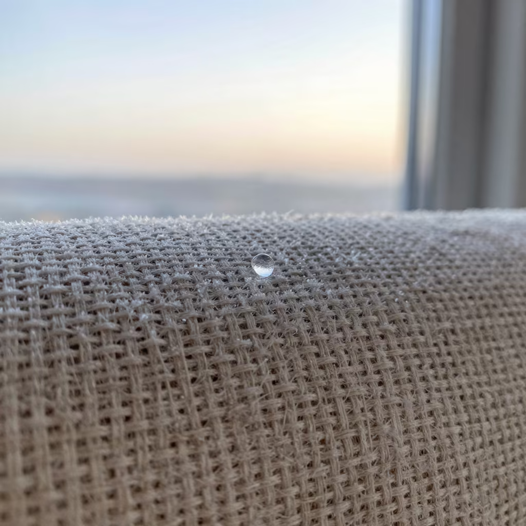 Frost Melting on Linen in Aden Dawn in against woven linen fibers in Aden