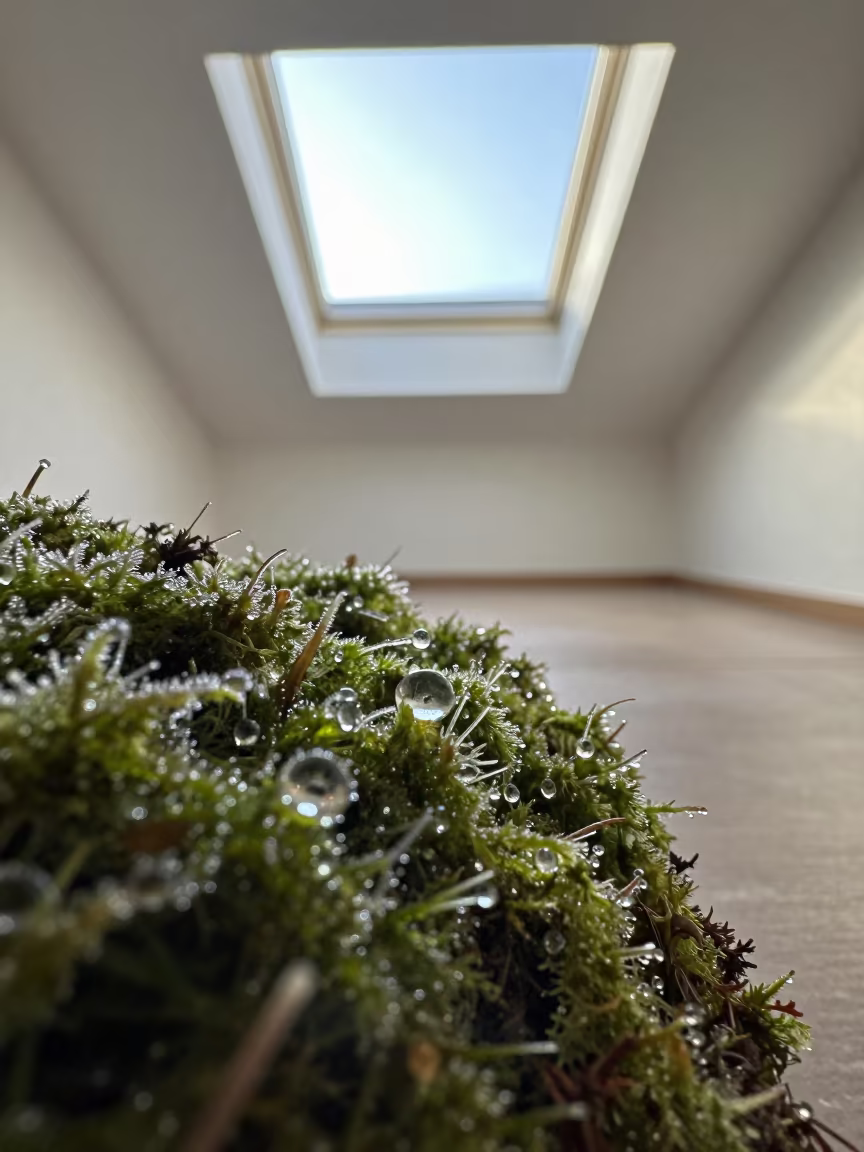Frost Melting on Moss in Ghorahi Skylight in on dew-soaked moss in Ghorahi