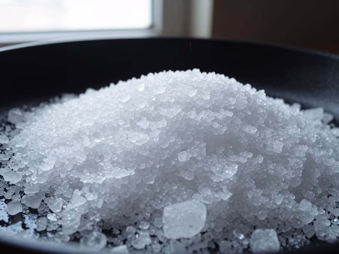 Frost Melting on Salt Crystals Indoors in on salt crystals along a pan rim near Indore