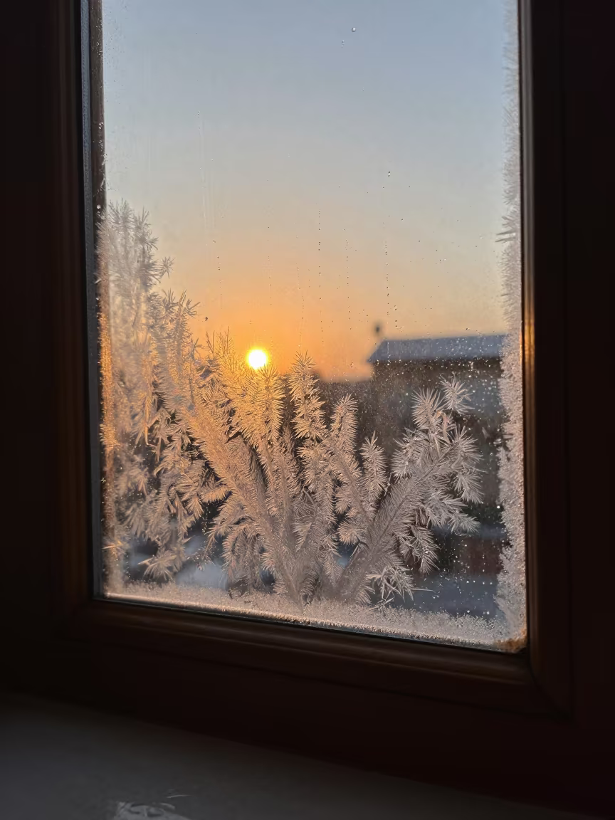 Frost Melting on Windowpane in Zakho Monsoon Light in along a frost-edged windowpane in Zakho