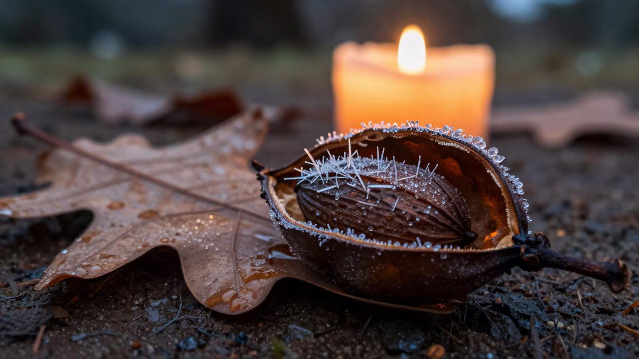 Frost Needles on Oak Leaf in Bole Candlelight in inside a seed pod split open in Bole, Addis Ababa