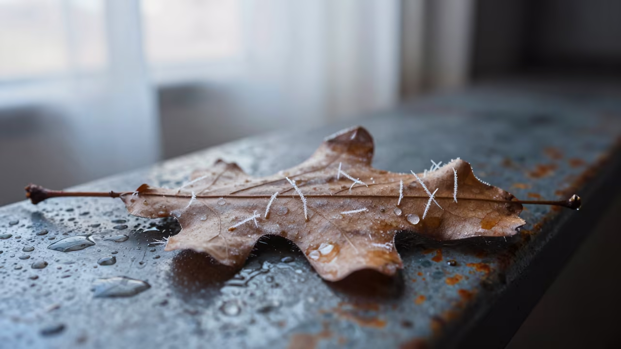 Frost Needles on Oak Leaf in Bytom Room in across a rain-beaded metal surface near Bytom