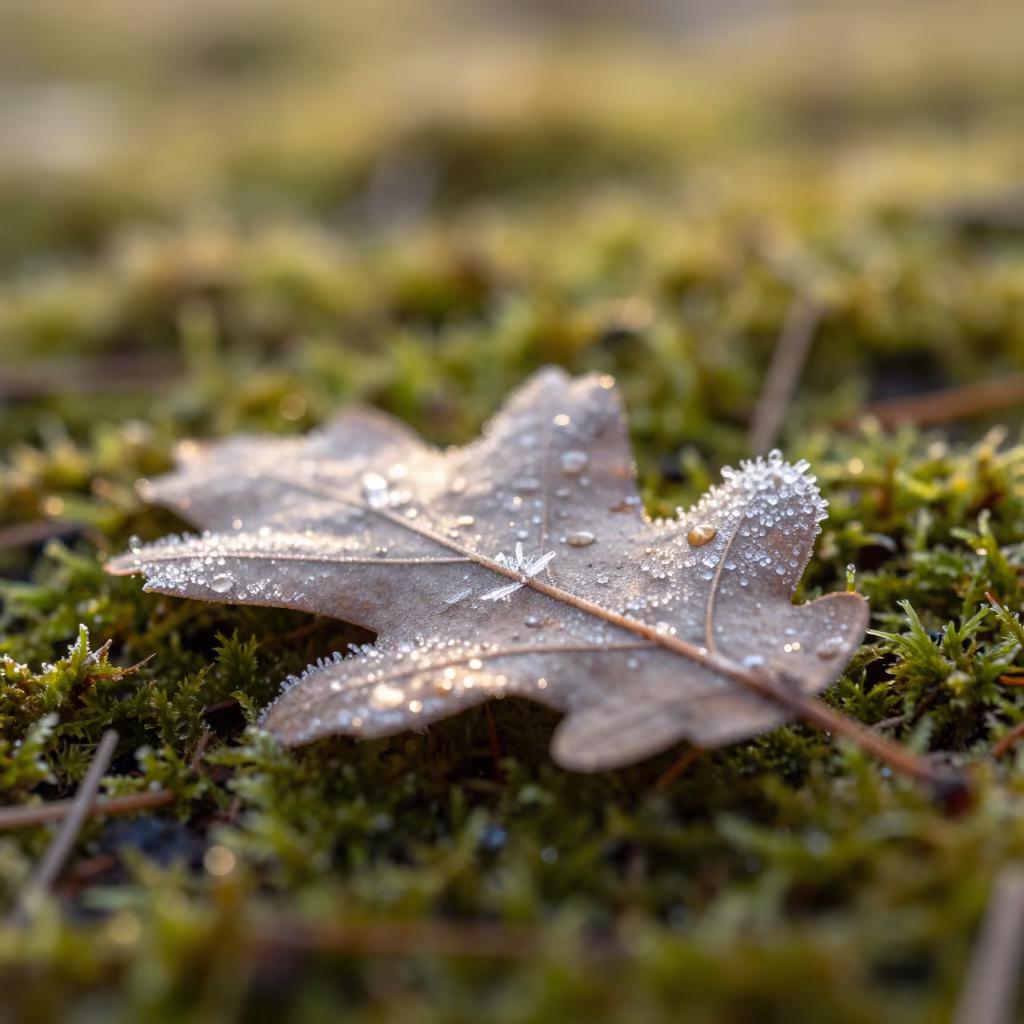 Frost Needles on Oak Leaf in Summer Light in on dew-soaked moss near Lanzhou