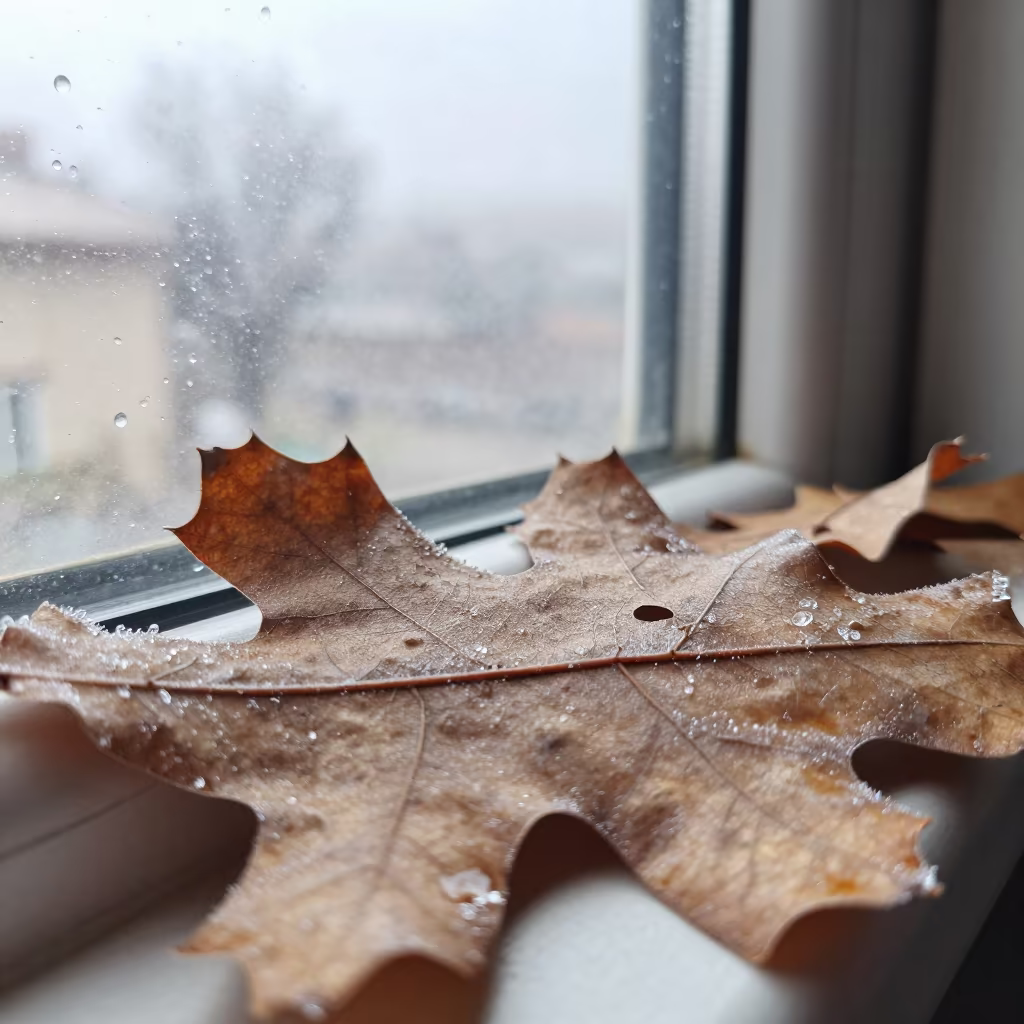 Frost Needles on Fallen Oak Leaf Near Window in along a frost-edged windowpane near Villahermosa