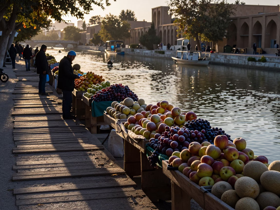 Frost on Fruit at Shiraz Canal Market Dawn in beside a canal in Shiraz
