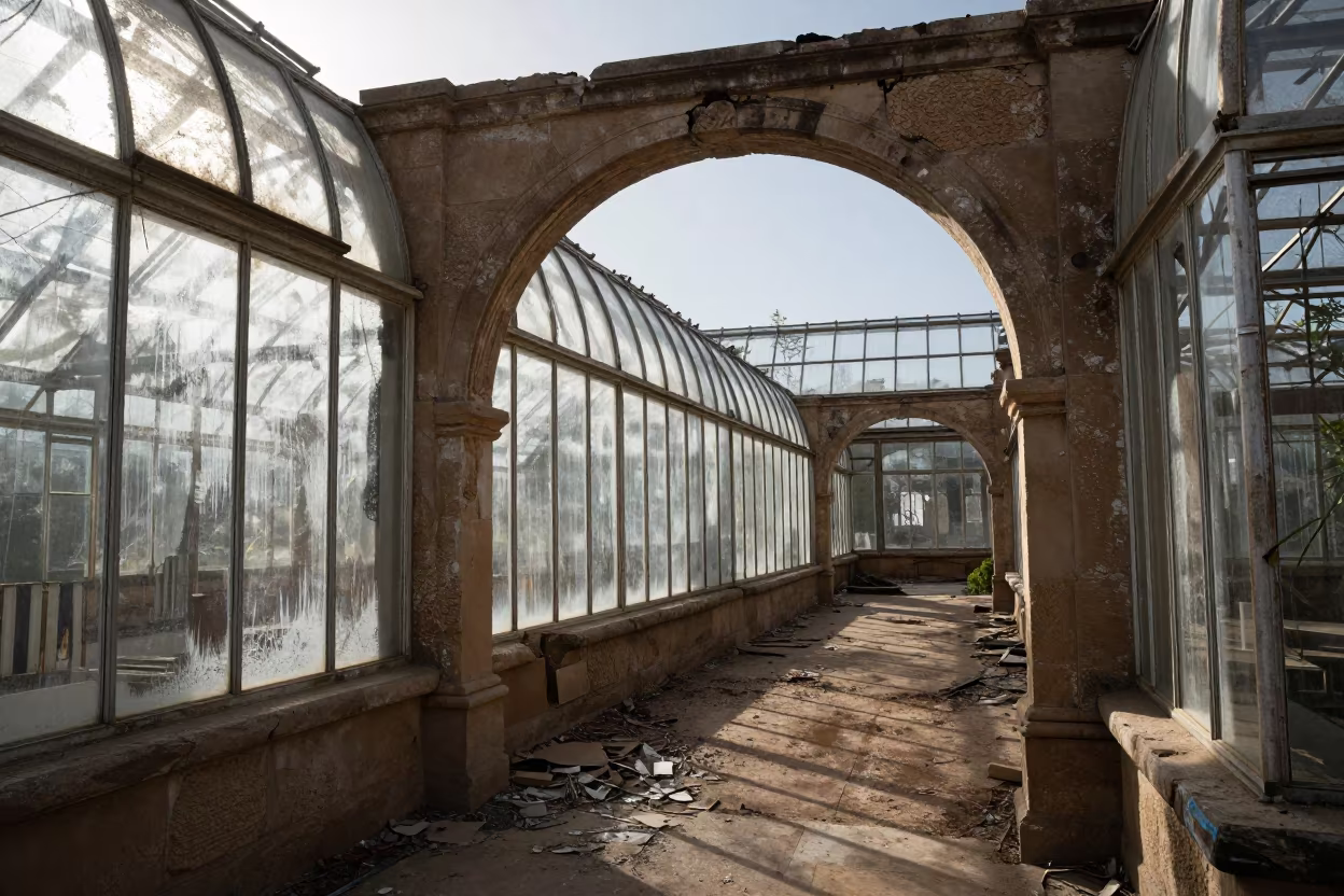Frost on Panes of Abandoned Greenhouse in beneath a broken stone arch near Faiyum