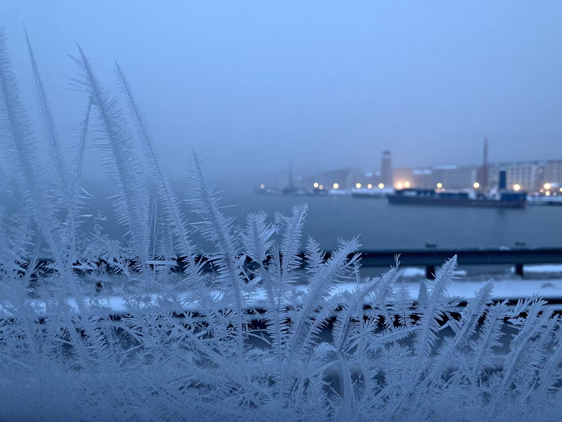 Frost Pattern on Car Window at Harbor in beside a fogbound harbor mouth in Uzbekistan