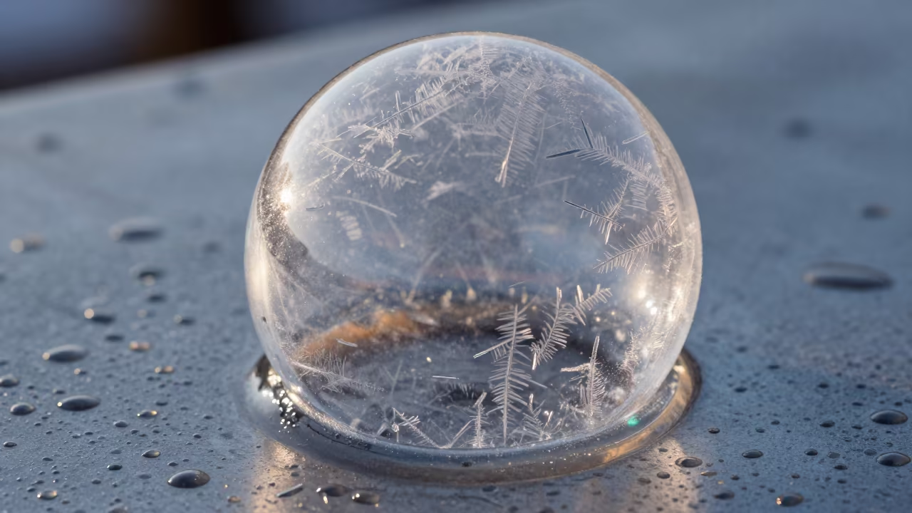 Frost Pattern on Soap Bubble Oslo in across a rain-beaded metal surface in Oslo