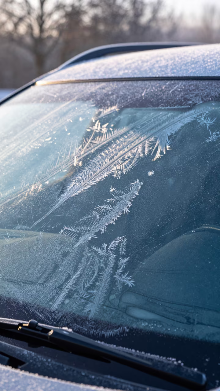 Frost Patterns on Car Windshield at Dawn in Slovenia in in Slovenia