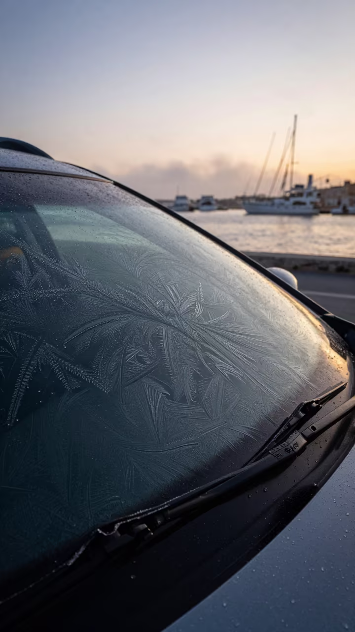 Frost Patterns on Car Windshield at Dawn in beside a fogbound harbor mouth in Cyprus