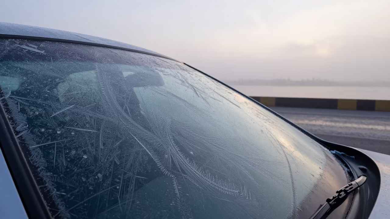 Frost Patterns on Car Windshield at Harbor Dawn in beside a fogbound harbor mouth near Addis Ababa