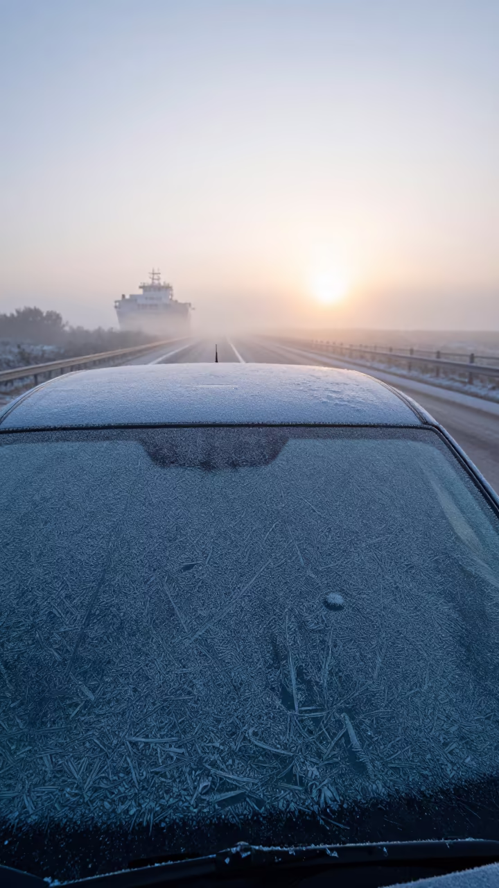 Frost Patterns on Ferry Windshield at Dawn in across a remote ferry crossing in Campania