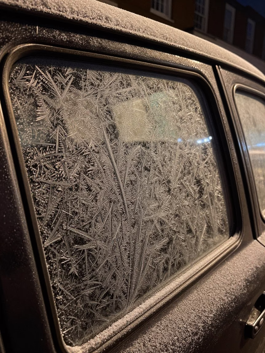 Frost patterns on car window at night in London with street scene in in London, United Kingdom