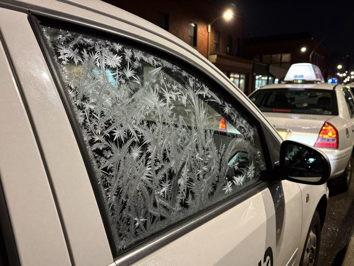 Frost patterns on taxi window at night in Boston Massachusetts in in Boston, Massachusetts, United States