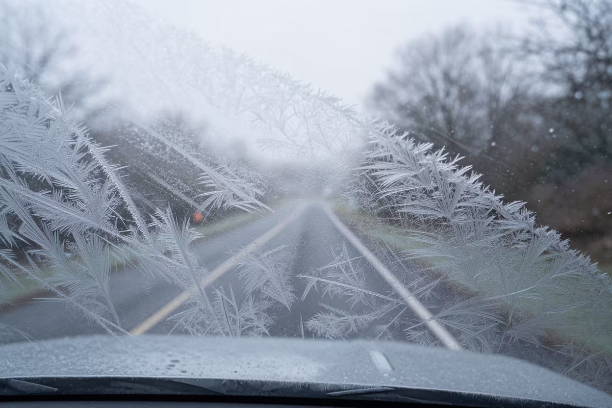 Frost Patterns on Windshield at Summer Dawn in along a switchback approach near Manchester