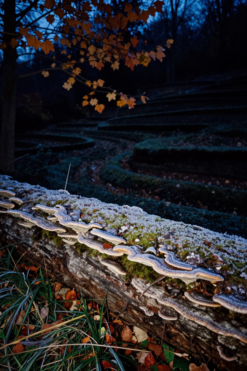 Frost Rim Light on Bracket Fungus Anyang in among terraced garden plots near Anyang