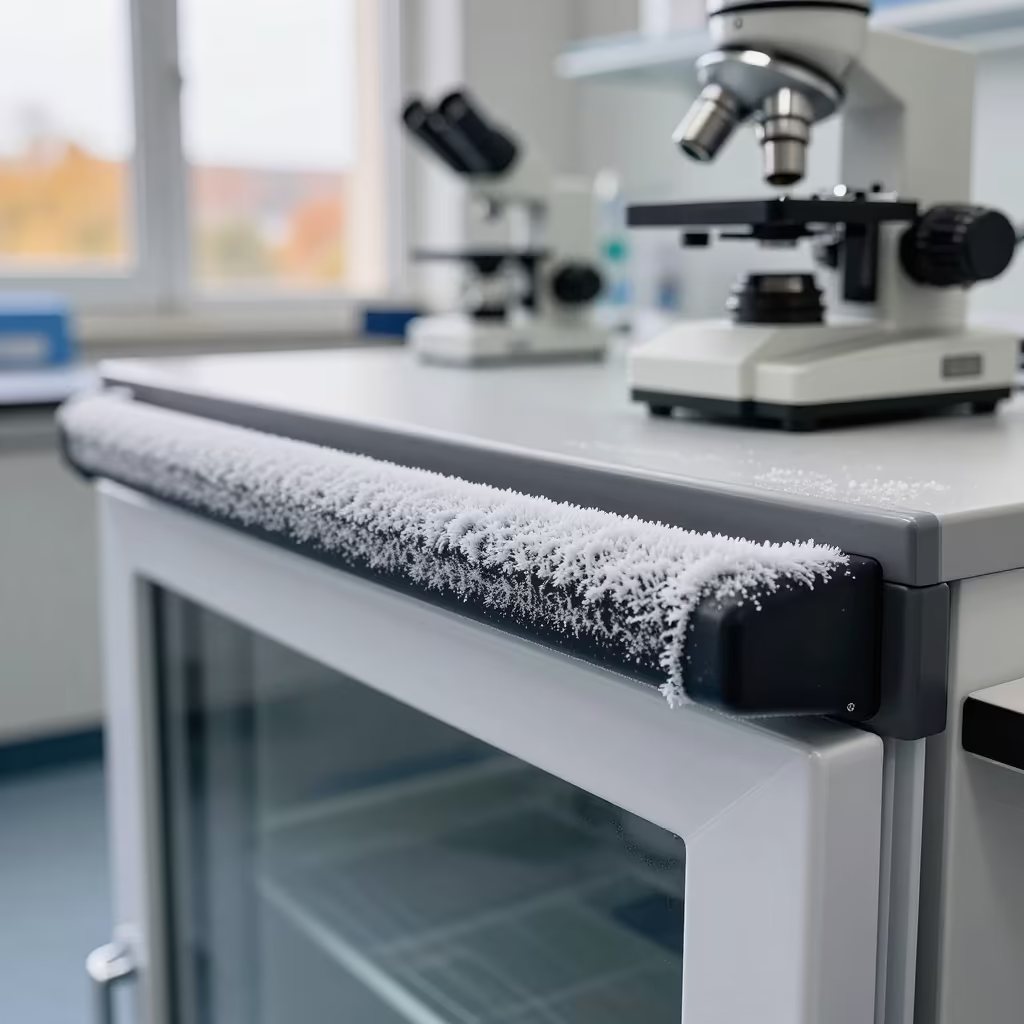 Frost Rimed Handle on Lab Freezer in at a microscopy bench in Sintra