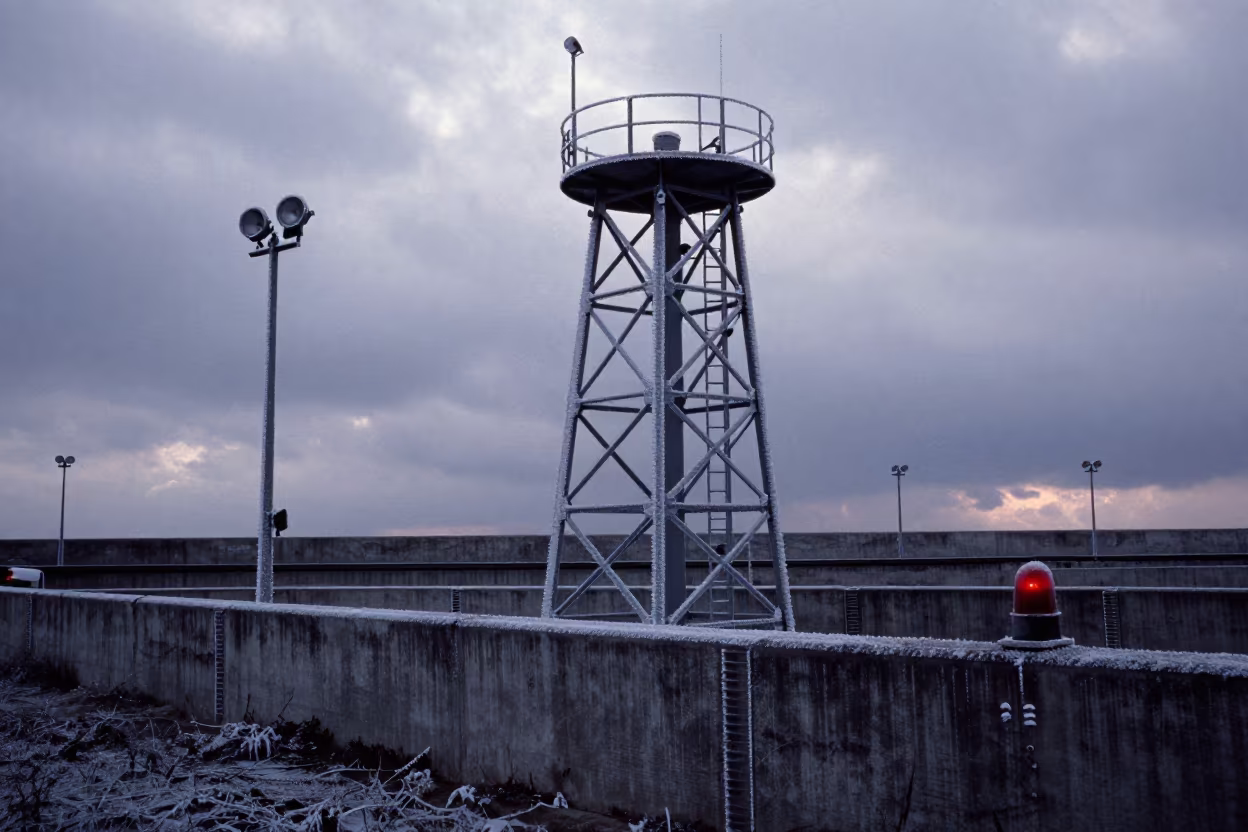 Frost-Rimed Ladder on Armenian Water Tower in beside a storm surge barrier in Armenia