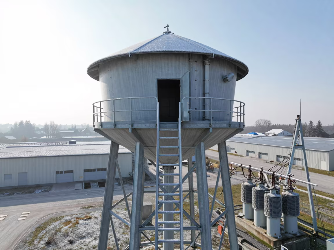 Frost Rimed Ladder on Slovenian Water Tower in beside a water tower ladder in Slovenia